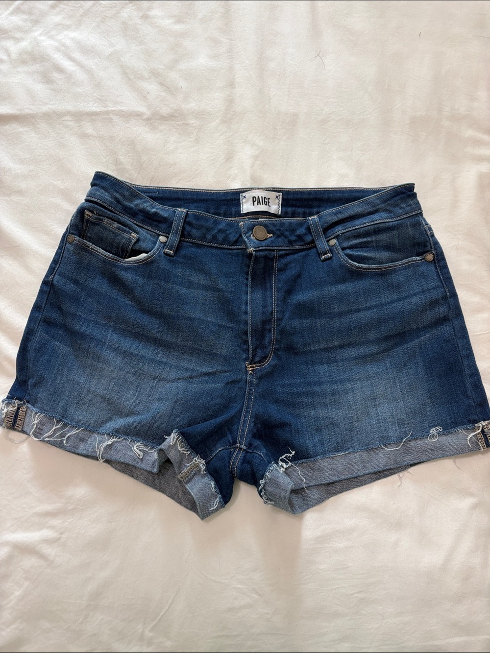 PAIGE Dark Blue Denim Rolled Hem Shorts